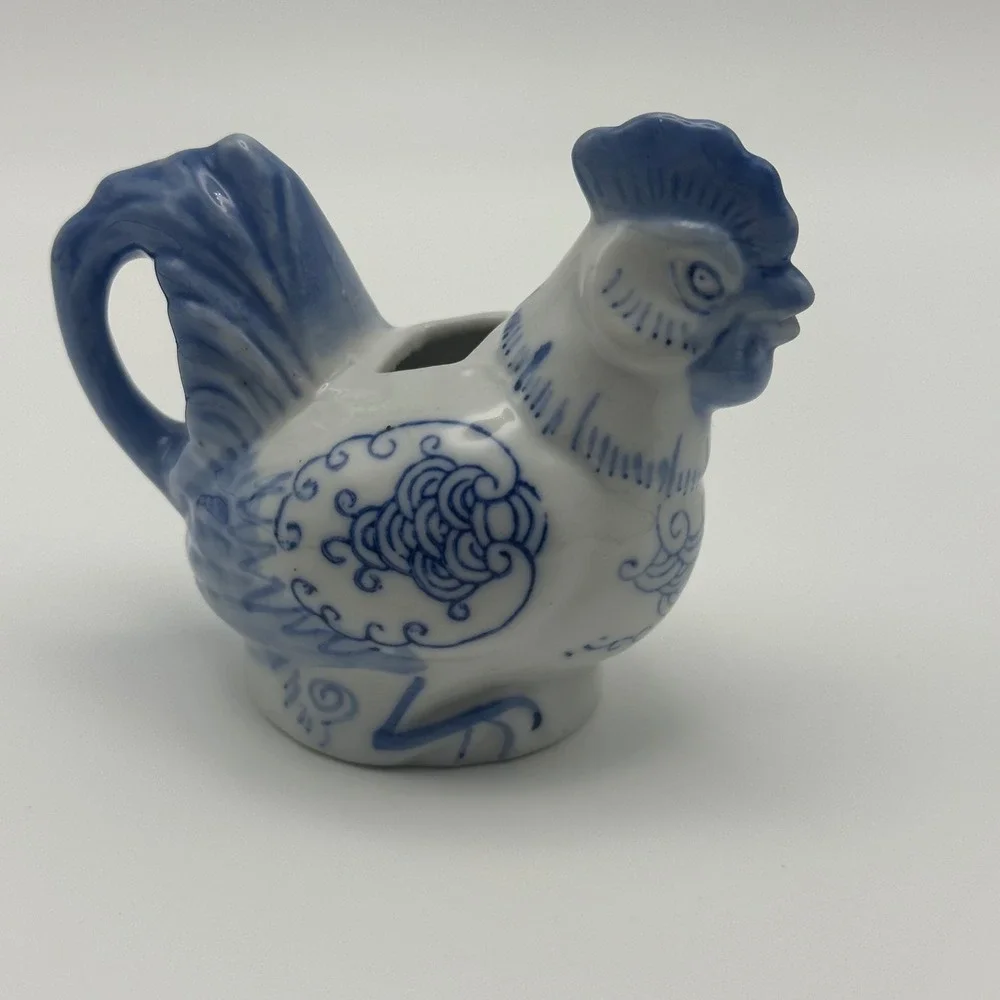 Vintage Blue and White Porcelain Rooster Miniature Creamer Toothpick Holder